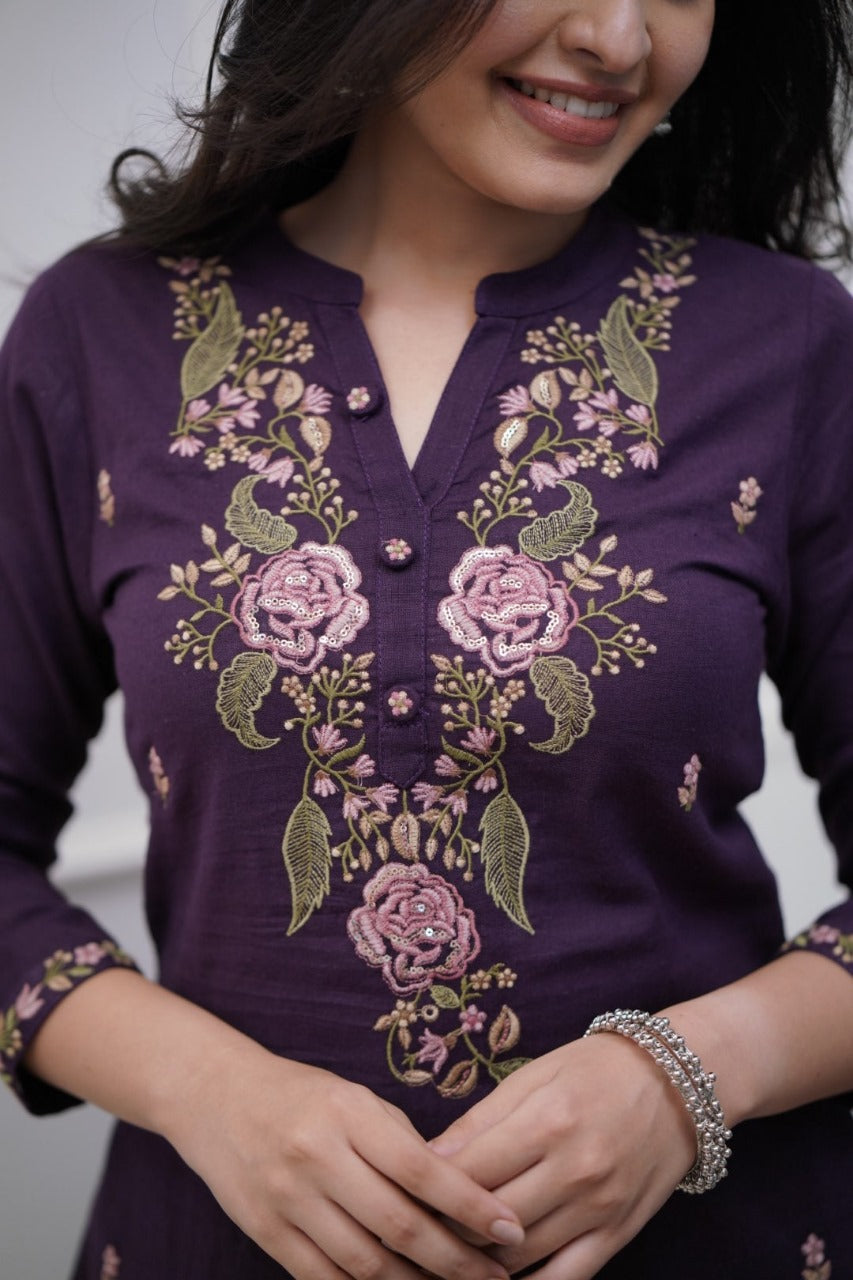 Women Cotton Purple Embroidered Kurta Pant And Dupatta Set