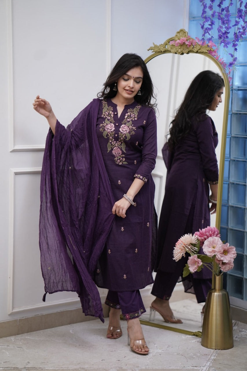 Women Cotton Purple Embroidered Kurta Pant And Dupatta Set