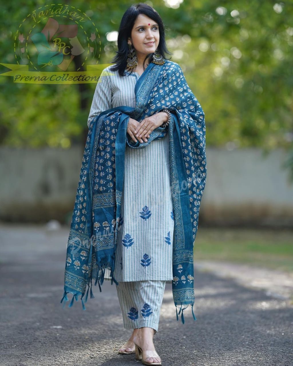 Latest Cotton Khadi Embroidery Straight Kurti And Pant With Dupatta Set