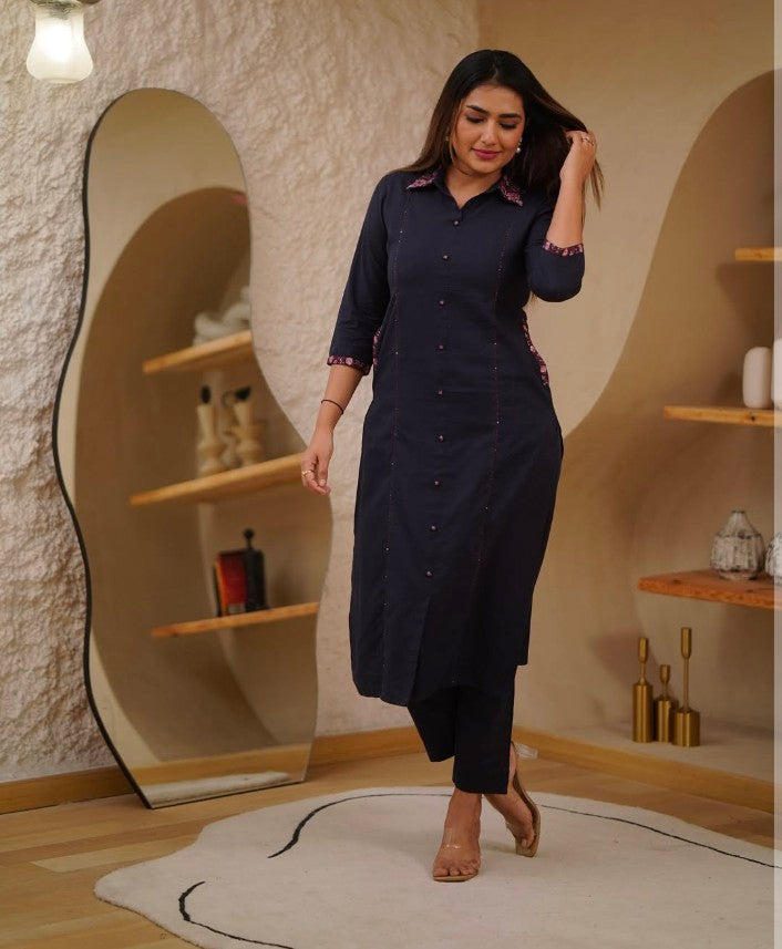 Dark purple Cotton Straight Kurta Plaza Set