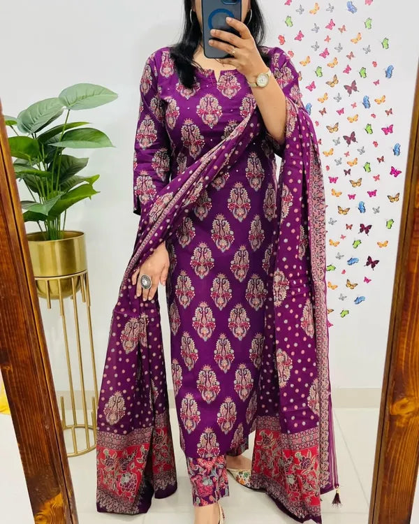 Traditional Cotton Embroidered Dark Pink Kurta Pant Set with Dupatta Set