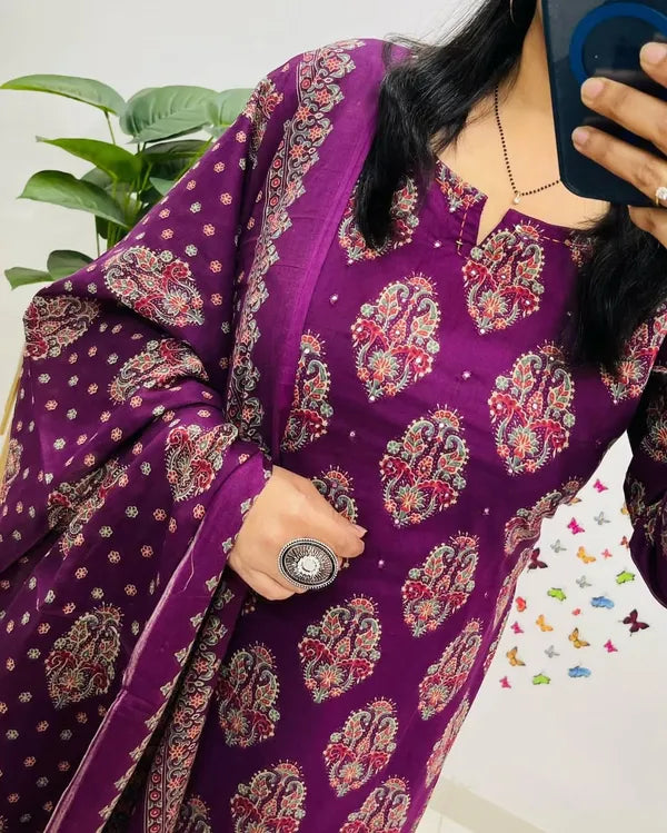 Traditional Cotton Embroidered Dark Pink Kurta Pant Set with Dupatta Set