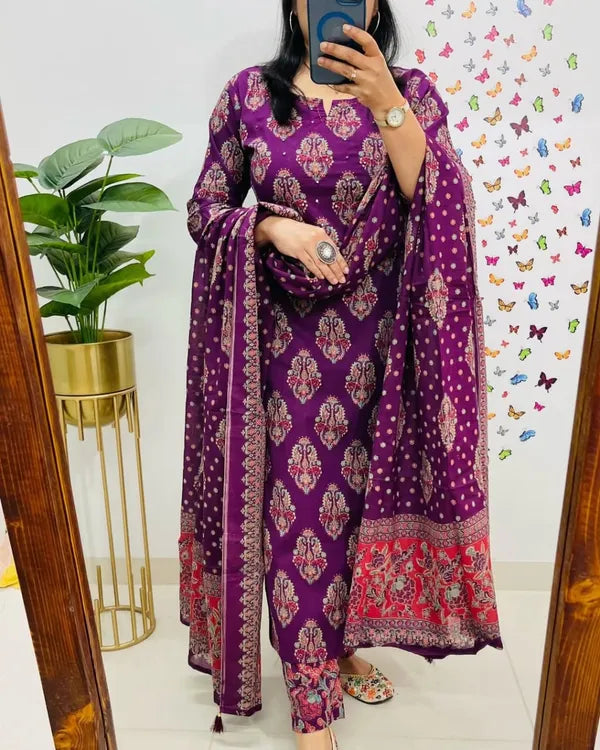 Traditional Cotton Embroidered Dark Pink Kurta Pant Set with Dupatta Set
