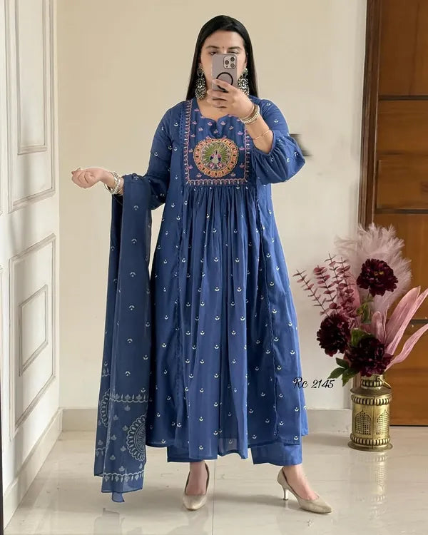 Latest And Trending  Peacock Cotton Printed Anarkali And Pant With Dupatta Set ( Blue )