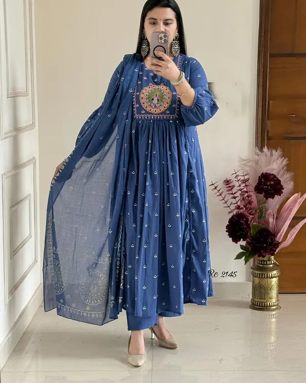 Latest And Trending  Peacock Cotton Printed Anarkali And Pant With Dupatta Set ( Blue )