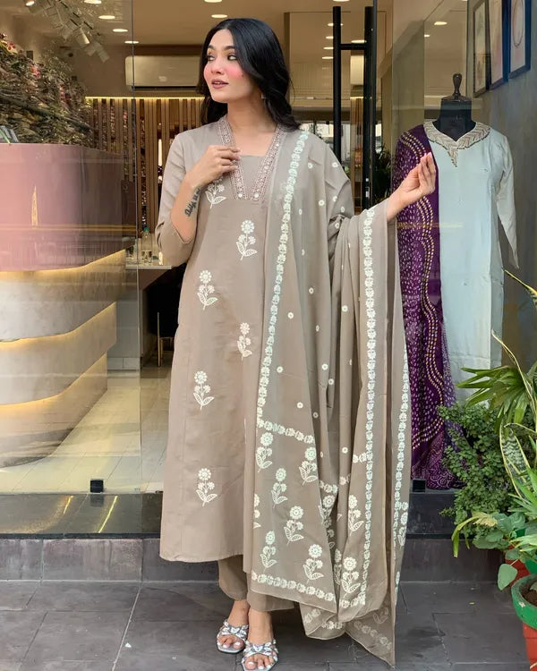 Women Beige Cotton Design Straight Suit With Dupatta Set
