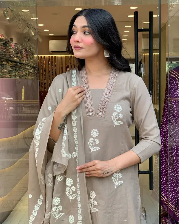 Women Beige Cotton Design Straight Suit With Dupatta Set