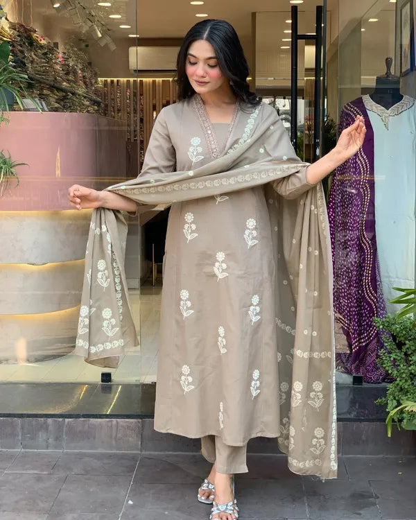 Women Beige Cotton Design Straight Suit With Dupatta Set