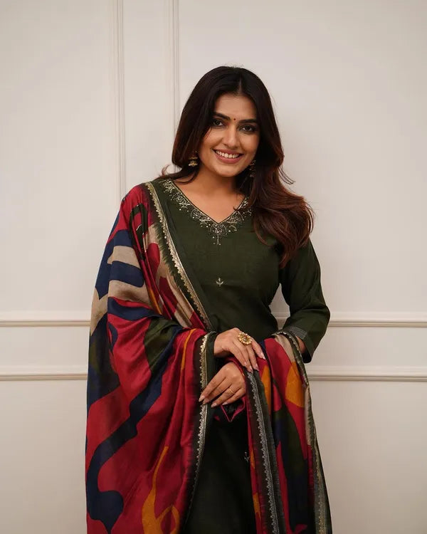 Green Embroider and Zari Work Rayon Straight Kurta And Pant  with Silk Dupatta Set