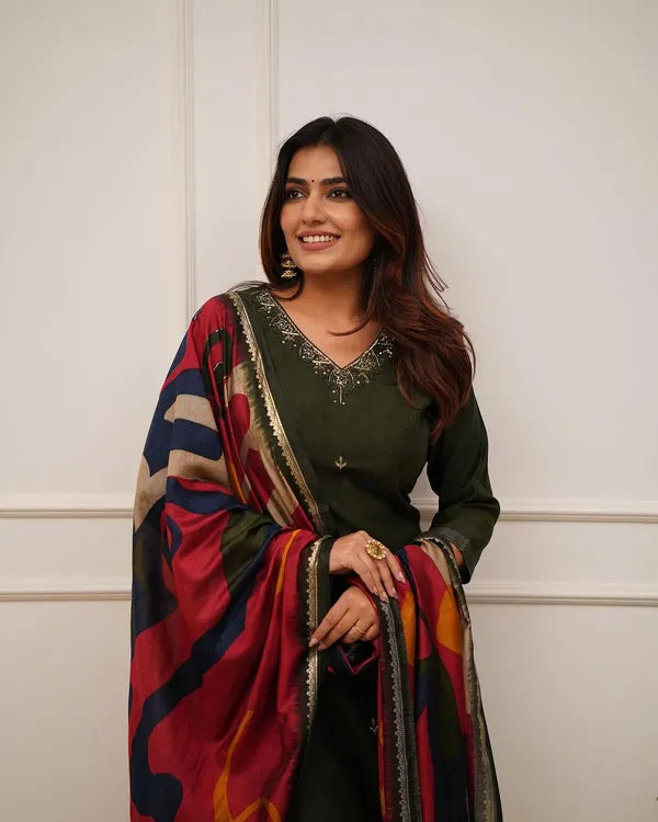 Green Embroider and Zari Work Rayon Straight Kurta And Pant  with Silk Dupatta Set