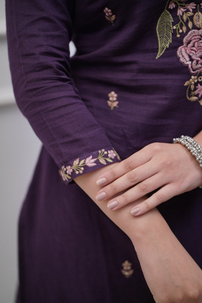 Women Cotton Purple Embroidered Kurta Pant And Dupatta Set