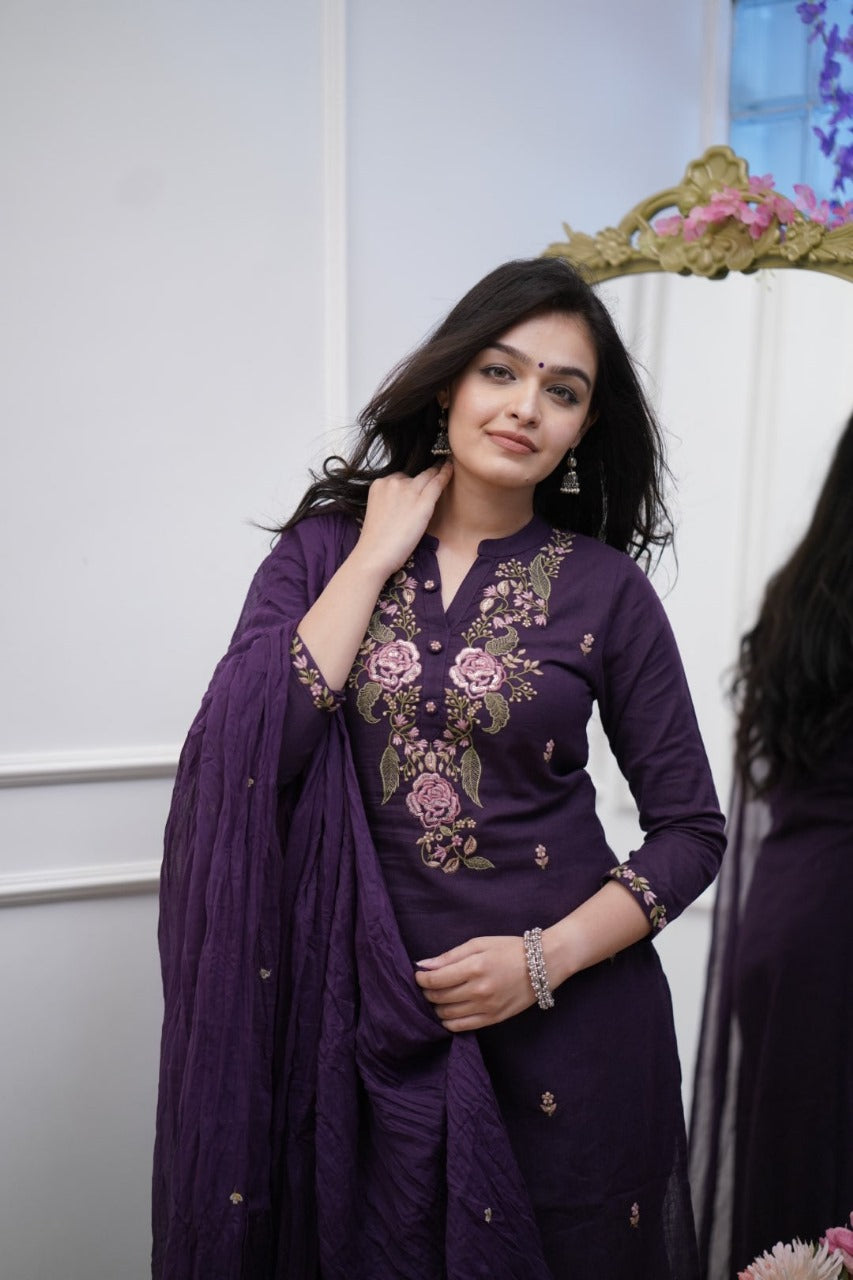 Women Cotton Purple Embroidered Kurta Pant And Dupatta Set