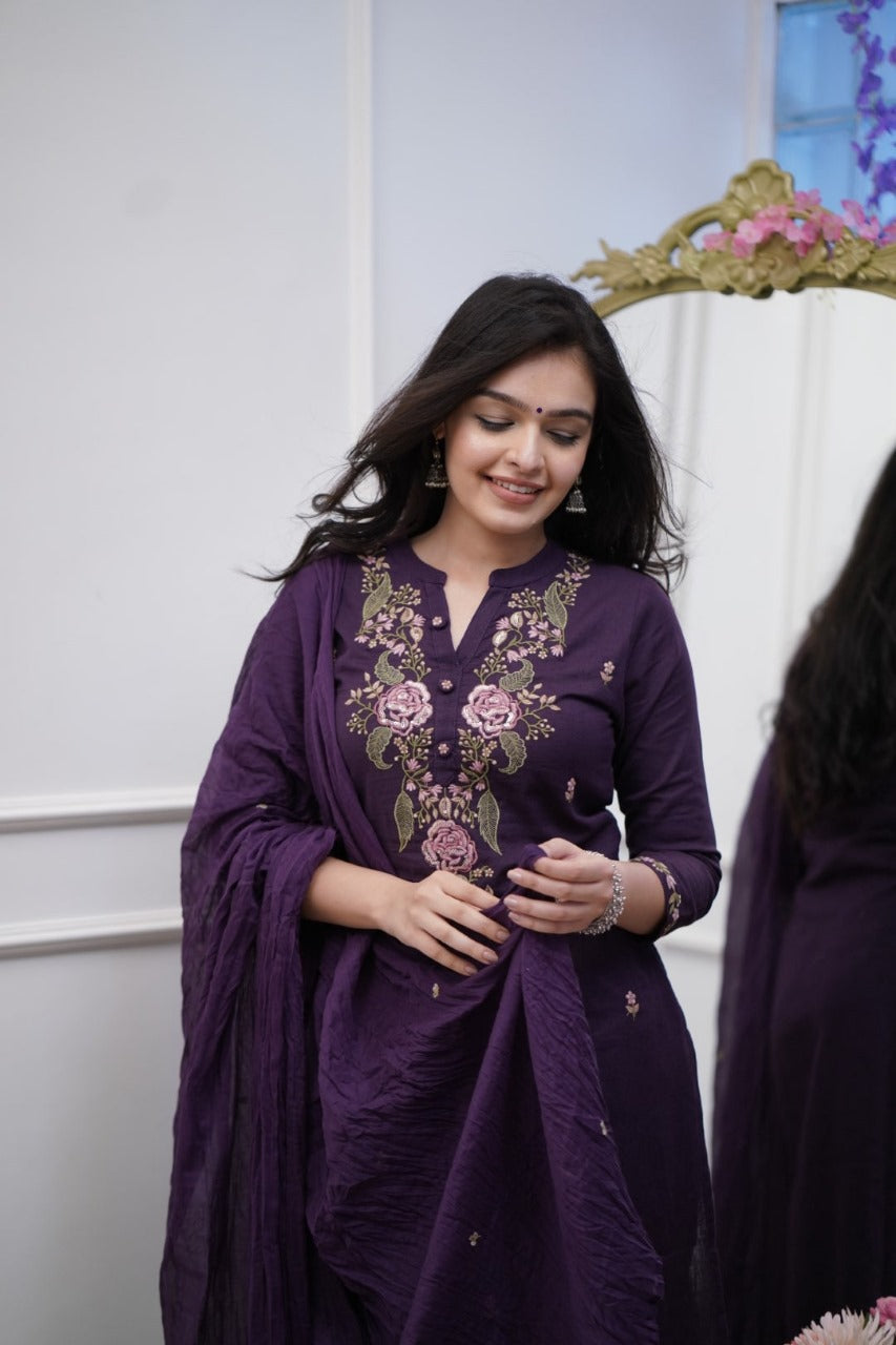 Women Cotton Purple Embroidered Kurta Pant And Dupatta Set