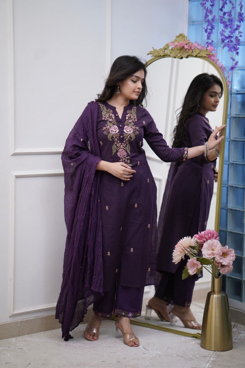 Women Cotton Purple Embroidered Kurta Pant And Dupatta Set