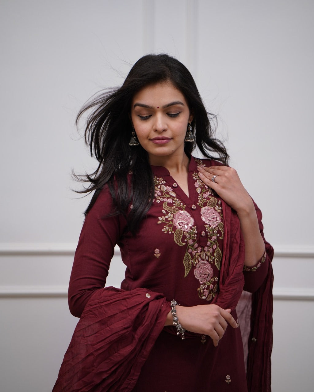 Women Cotton Maroon Embroidered Kurta Pant And Dupatta Set