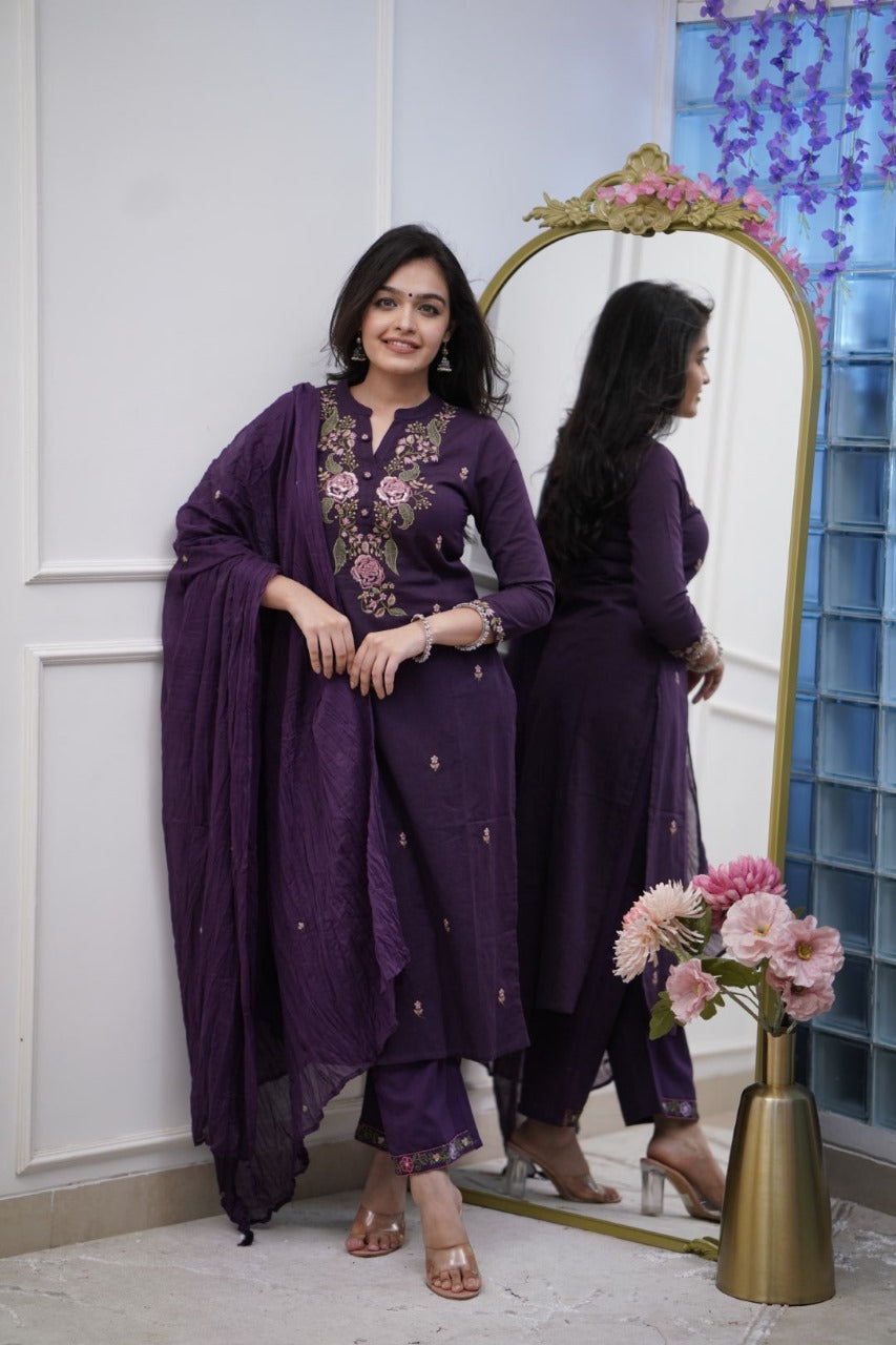 Women Cotton Purple Embroidered Kurta Pant And Dupatta Set