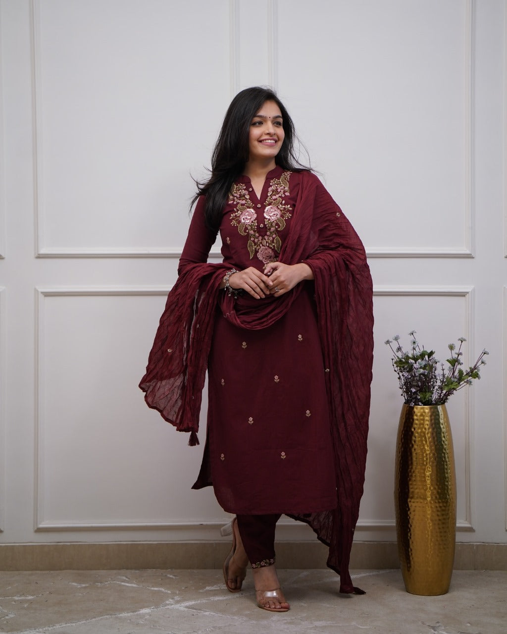 Women Cotton Maroon Embroidered Kurta Pant And Dupatta Set
