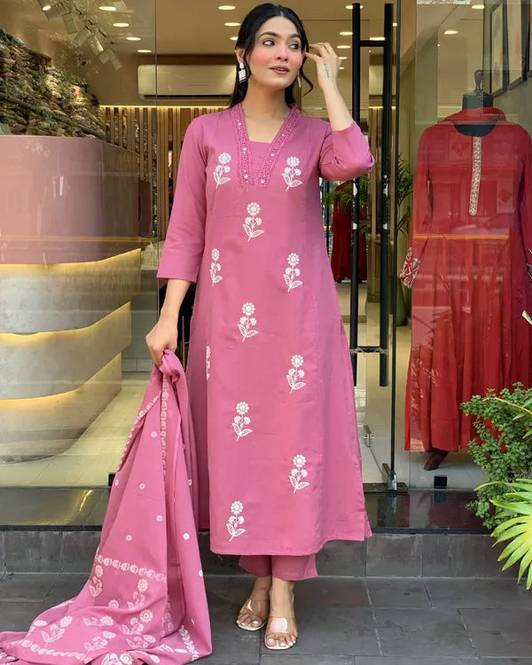 Women Pink  Cotton Desion Straight Suit With Dupatta Set