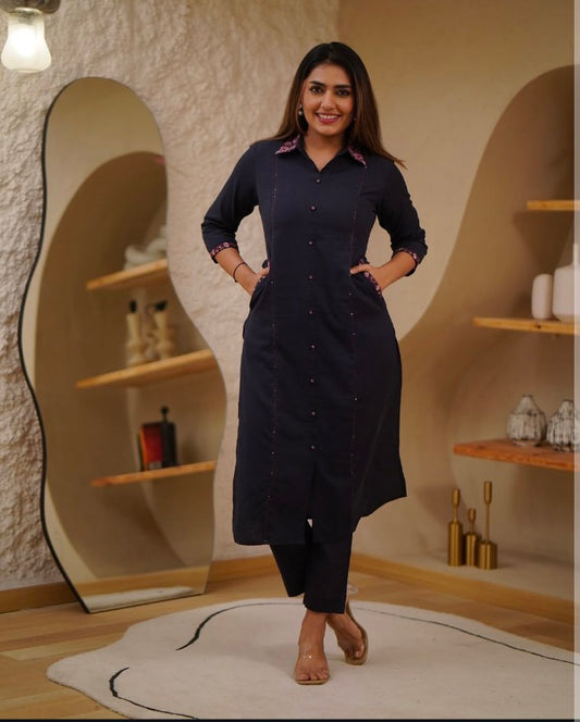 Dark purple Cotton  Straight Kurta Plaza Set