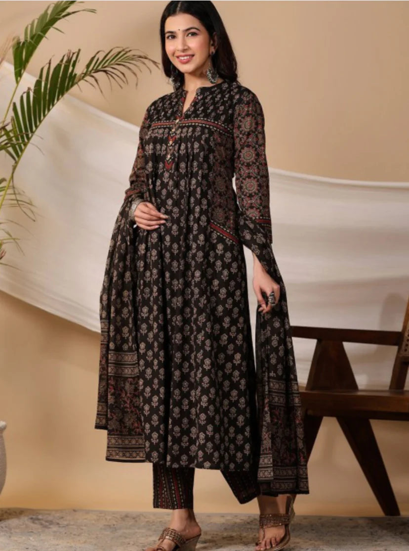 Black Ethnic Motifs Printed Regular Pure Cotton Kurta With Trousers & Dupatta