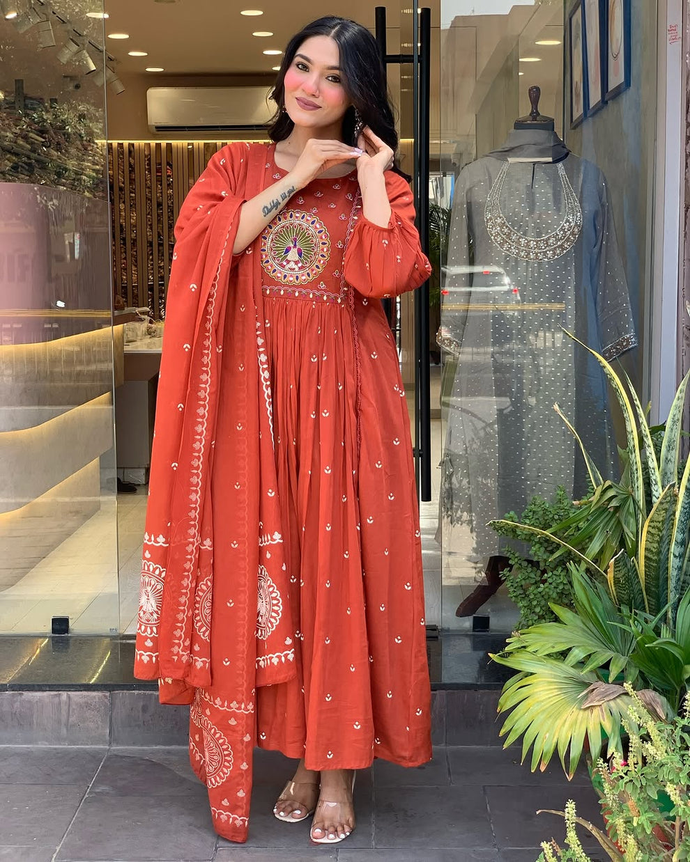 Latest And Trending Peacock Cotton Printed Anarkali And Pant With Dupatta Set ( Red )