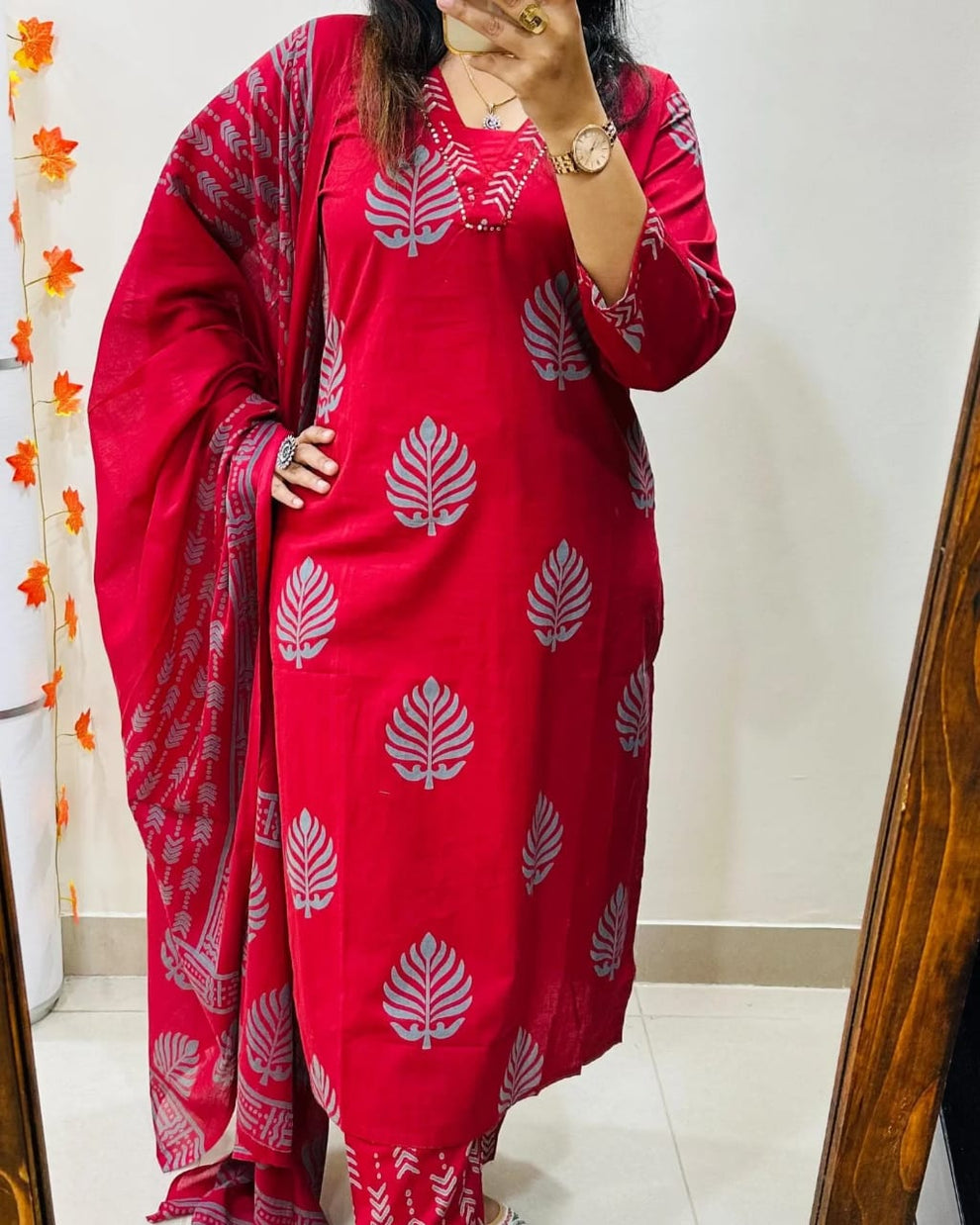 Sequence Cotton Red Kurti Pant Set with Dupatta Set