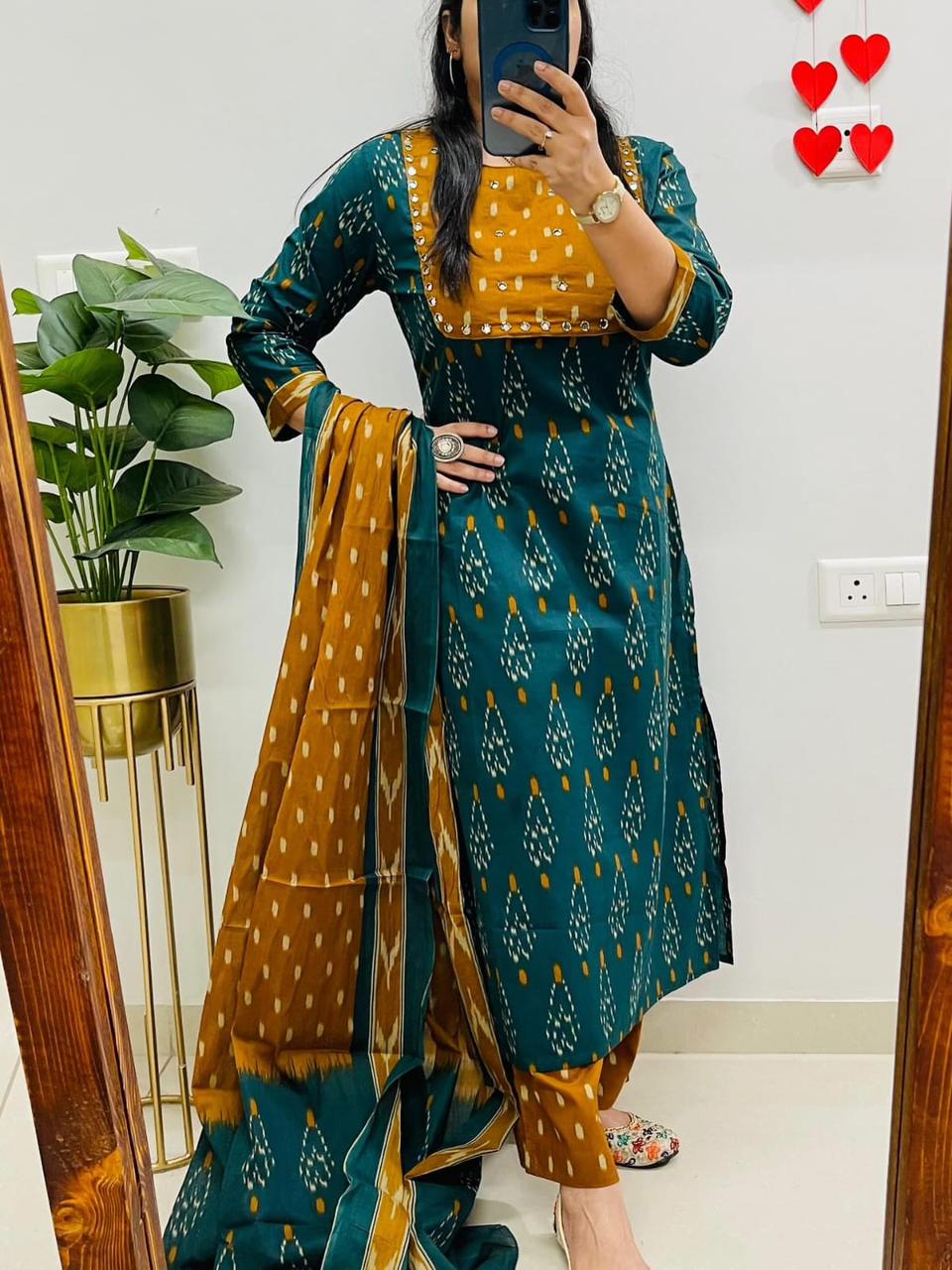 Designer Real mirror work cotton kurti set for women