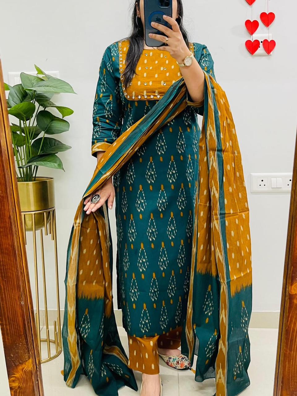 Designer Real mirror work cotton kurti set for women