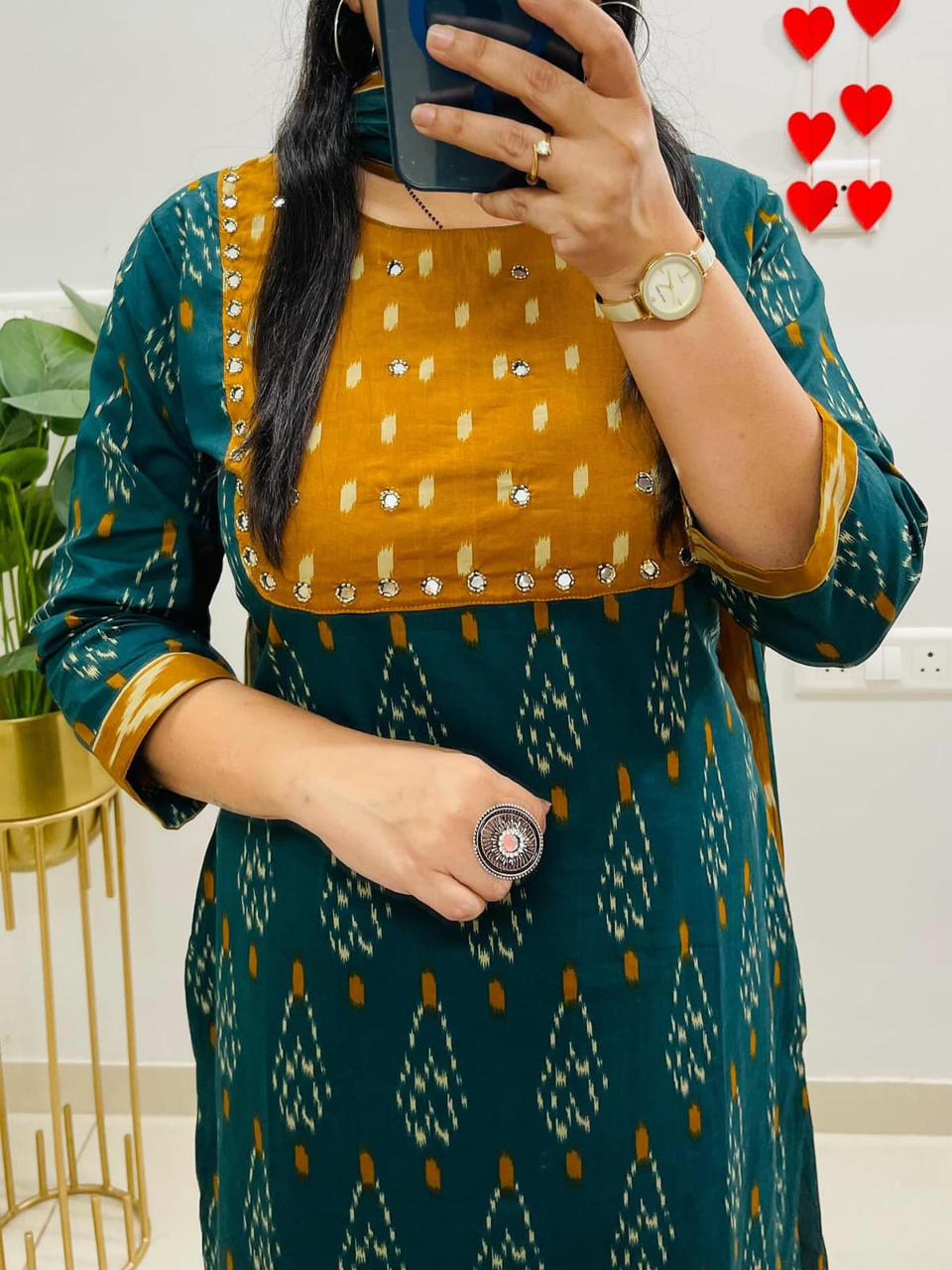 Designer Real mirror work cotton kurti set for women