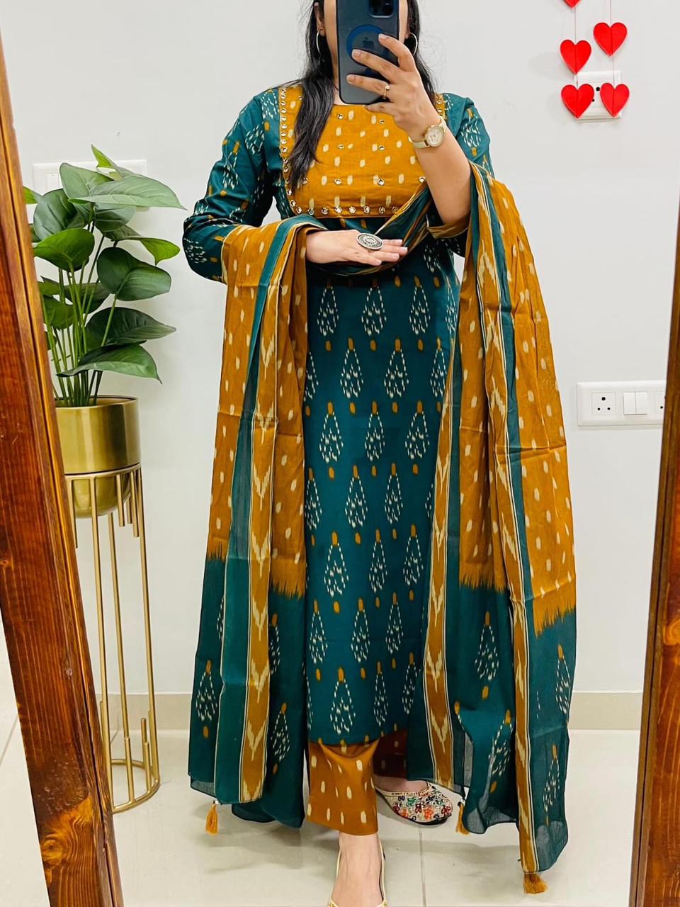 Designer Real mirror work cotton kurti set for women