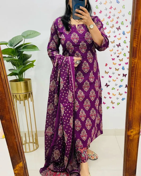 Traditional Cotton Embroidered Dark Pink  Kurta Pant Set with Dupatta Set