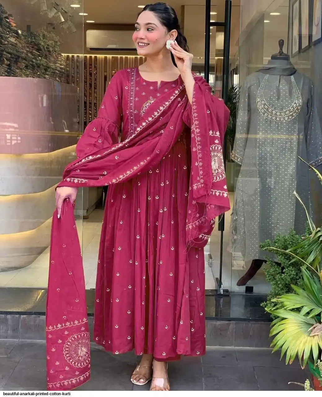 Latest And Trending  Peacock Cotton Printed Anarkali And Pant With Dupatta Set ( Pink )